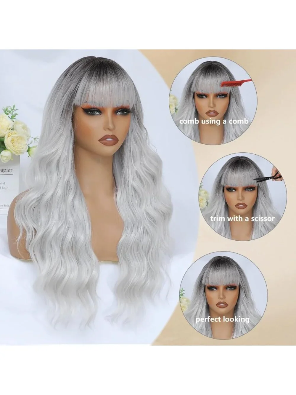 Women's Grey 26 Inch Natural Looking Heat Resistant Synthetic Wigs Bangs